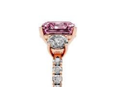 Fancy Pink Asscher Cut Diamond Three-Stone Ring Set in Rose gold with Pavé Band and Graduated Sides