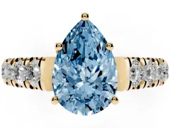 Fancy Blue Pear Cut Diamond Solitaire Ring Set in Yellow gold with Cut-Down Micro Pavé Band and Prong Setting