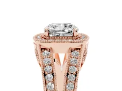 Cushion Cut Diamond Halo Ring Set in Rose gold with Stone-Set Split Shank and Milgrain Edges