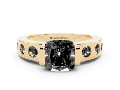 Fancy Black Cushion Cut Diamond Channel-Set Band Ring Set in Yellow gold with Bezel Prong Setting