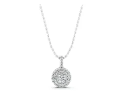 Round Double Halo Diamond Pendant Set in Silver with Prong Setting