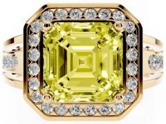 Fancy Yellow Asscher Cut Diamond Halo Ring Set in Yellow gold with Pavé and Bezel Accent Split Shank