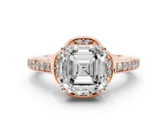 Asscher Cut Diamond Halo Ring Set in Rose gold with Channel Set Band and Prong Setting
