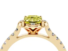 Fancy Yellow Emerald Cut Diamond Solitaire Ring Set in Yellow gold with Pavé Band and Floral Prong Setting