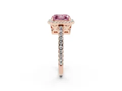 Fancy Pink Asscher Cut Diamond Halo Ring Set in Rose gold with Pavé Shoulders and Halo-Framed Center