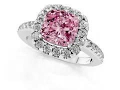 Fancy Pink Cushion Cut Diamond Pavé Halo Ring Set in White gold with Prong Setting