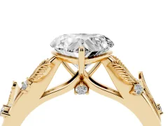 Heart Cut Diamond Solitaire Ring Set in Yellow gold with Leaf Motif Band