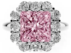 Fancy Pink Princess Cut Diamond Milgrain Halo Solitaire Ring Set in Silver with Bezel Set Side Stones and Pavé Band