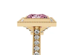 Fancy Pink Princess Cut Diamond Halo Milgrain Pavé Band Ring Set in Yellow gold with Prong Setting