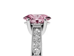 Fancy Pink Oval Cut Diamond Solitaire Ring Set in Platinum with Milgrain-Edged Pavé Band and Prong Setting