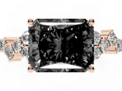 Fancy Black Radiant Cut Diamond Ring Set in Rose gold with Scattered Round Accents