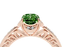 Fancy Green Radiant Cut Diamond Halo Ring Set in Rose gold with Channel Set Band and Prong Setting