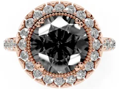 Fancy Black Round Cut Diamond Halo Ring Set in Rose gold with Pavé Shank and Prong Setting