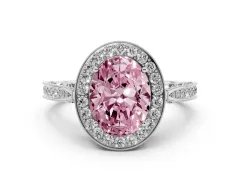 Fancy Pink Oval Cut Diamond Halo Engagement Ring Set in Platinum with Accent Split Shank Band
