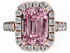 Fancy Pink Emerald Cut Diamond Halo Engagement Ring Set in Rose gold with Pavé Band and Prong-Set Center