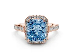 Fancy Blue Radiant Cut Diamond Halo Engagement Ring Set in Rose gold with Pavé Band and Prong-Set Center