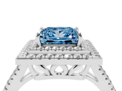 Fancy Blue Princess Cut Diamond Double Halo Ring Set in Platinum with Pavé Band