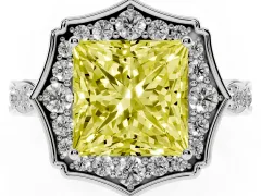 Fancy Yellow Princess Cut Diamond Halo Engagement Ring Set in Silver with Milgrain Band and Prong Setting