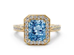 Fancy Blue Radiant Cut Diamond Halo Engagement Ring Set in Yellow gold with Accent Split Shank Band