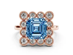 Fancy Blue Asscher Cut Diamond Cluster Halo Ring Set in Rose gold with Milgrain Bezel Accents and Plain Band