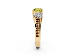 Fancy Yellow Heart Cut Diamond Three-Stone Ring Set in Yellow gold with Textured Band