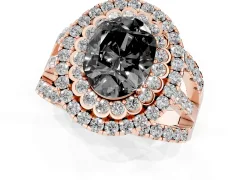 Fancy Black Oval Cut Diamond Double Halo Ring Set in Rose gold with Round Pavé Split Shank