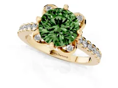 Fancy Green Round Cut Diamond Solitaire Ring Set in Yellow gold with Pavé Band and Floral Prong Setting