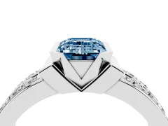 Fancy Blue Emerald Cut Diamond Wide Channel Set Band Ring Set in Platinum with Bezel Setting