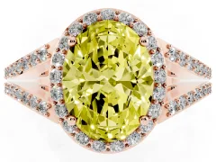Fancy Yellow Oval Cut Diamond Halo Split Shank Pavé Ring Set in Rose gold with Prong Setting