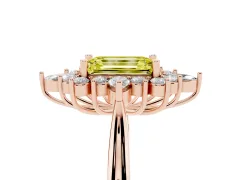 Fancy Yellow Emerald Cut Diamond Cluster Halo Ring Set in Rose gold with Marquise and Round Accents