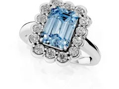 Fancy Blue Emerald Cut Diamond Halo Cluster Engagement Ring Set in Silver with Solitaire Band and Prong Setting