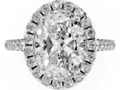 Oval Cut Diamond Pavé Halo Engagement Ring Set in White gold with Pavé Band and Prong Setting