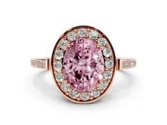 Fancy Pink Oval Cut Diamond Halo Ring Set in Rose gold with Accent-Lined Split Shank and Prong Setting