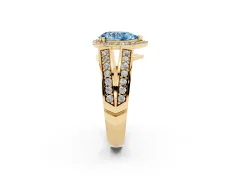 Fancy Blue Pear Cut Diamond Halo Ring Set in Yellow gold with Double Pavé Split Shank