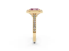 Fancy Pink Asscher Cut Diamond Halo Milgrain Pavé Band Ring Set in Yellow gold with Prong Setting