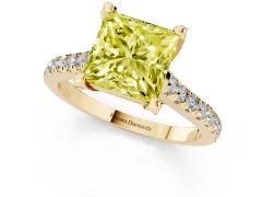 Fancy Yellow Princess Cut Diamond Solitaire Ring Set in Yellow gold with Brilliant Pavé Band and Prong Setting