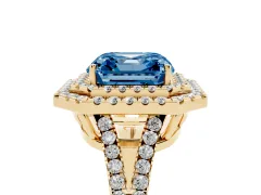 Fancy Blue Asscher Cut Diamond Double Halo Ring Set in Yellow gold with Pavé Band