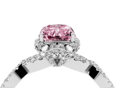 Fancy Pink Radiant Cut Diamond Halo Twist Band Solitaire Ring Set in White gold with Prong-Set Center Stone