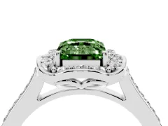 Fancy Green Emerald Cut Diamond Halo Ring Set in Silver with Pavé-Lined Shoulders and Prong Setting