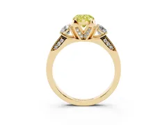 Fancy Yellow Pear Cut Diamond Three-Stone Ring Set in Yellow gold with Pavé Band and Smaller Side Stones