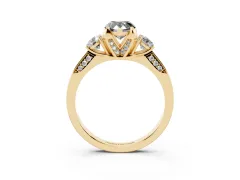 Fancy Black Pear Cut Diamond Three-Stone Ring Set in Yellow gold with Pavé Band and Smaller Side Stones