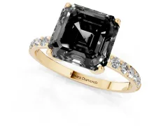 Fancy Black Asscher Cut Diamond Solitaire Engagement Ring Set in Yellow gold with Round Pavé Band and Prong Setting