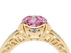 Fancy Pink Cushion Cut Diamond Halo Ring Set in Yellow gold with Channel Set Band and Prong Setting