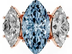Fancy Blue Marquise Cut Diamond Three-Stone Ring Set in Rose gold with Pavé Band