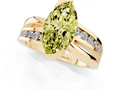 Fancy Yellow Marquise Cut Diamond Solitaire Ring Set in Yellow gold with Channel Set Split Shank and Tension Prongs
