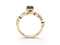 Fancy Black Radiant Cut Diamond Solitaire Ring Set in Yellow gold with Twisted Marquise Accent Band