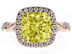 Fancy Yellow Cushion Cut Diamond Halo Twist Band Solitaire Ring Set in Rose gold with Prong Setting