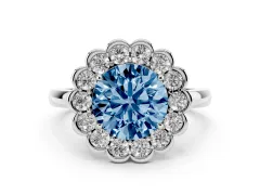 Fancy Blue Round Cut Diamond Halo Cluster Engagement Ring Set in Platinum with Solitaire Band and Prong Setting