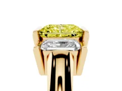 Fancy Yellow Radiant Cut Diamond Three-Stone Channel Set Ring Set in Yellow gold with Smooth Polished Band