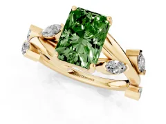 Fancy Green Radiant Cut Diamond Solitaire Ring Set in Yellow gold with Twisted Marquise Accent Band